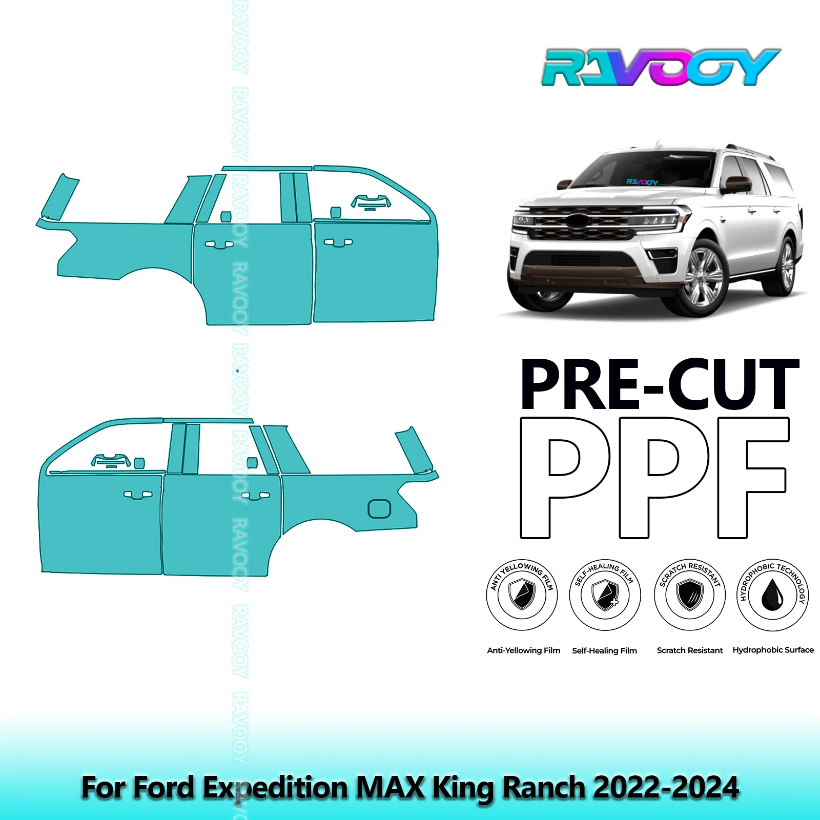 

For Ford Expedition MAX King Ranch 2022-2024 8.5mil Clear Matte Pre-Cut PPF Door & A/B Pillar Kit TPU Paint Protection Film Set