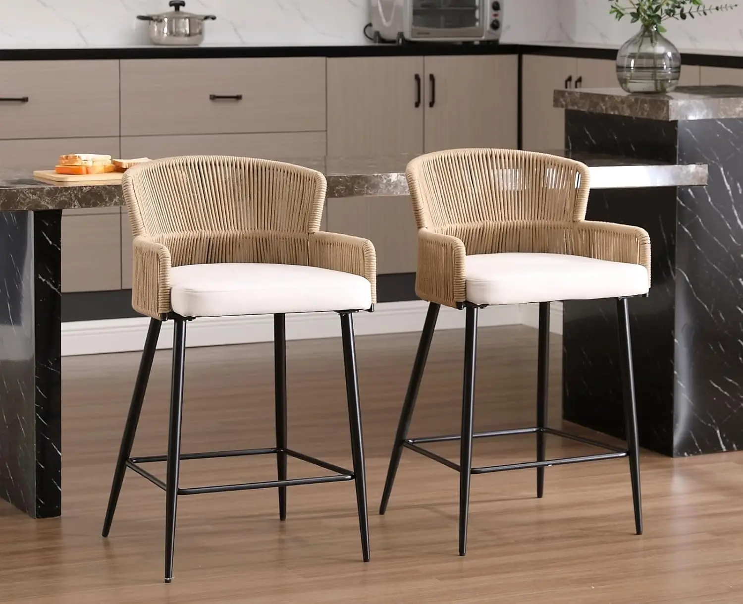 

Woven Counter Height Bar Stools Set of 2 Beige Linen Counter Stools 26 Inch Farmhouse Barstools with Wicker Back Comfy