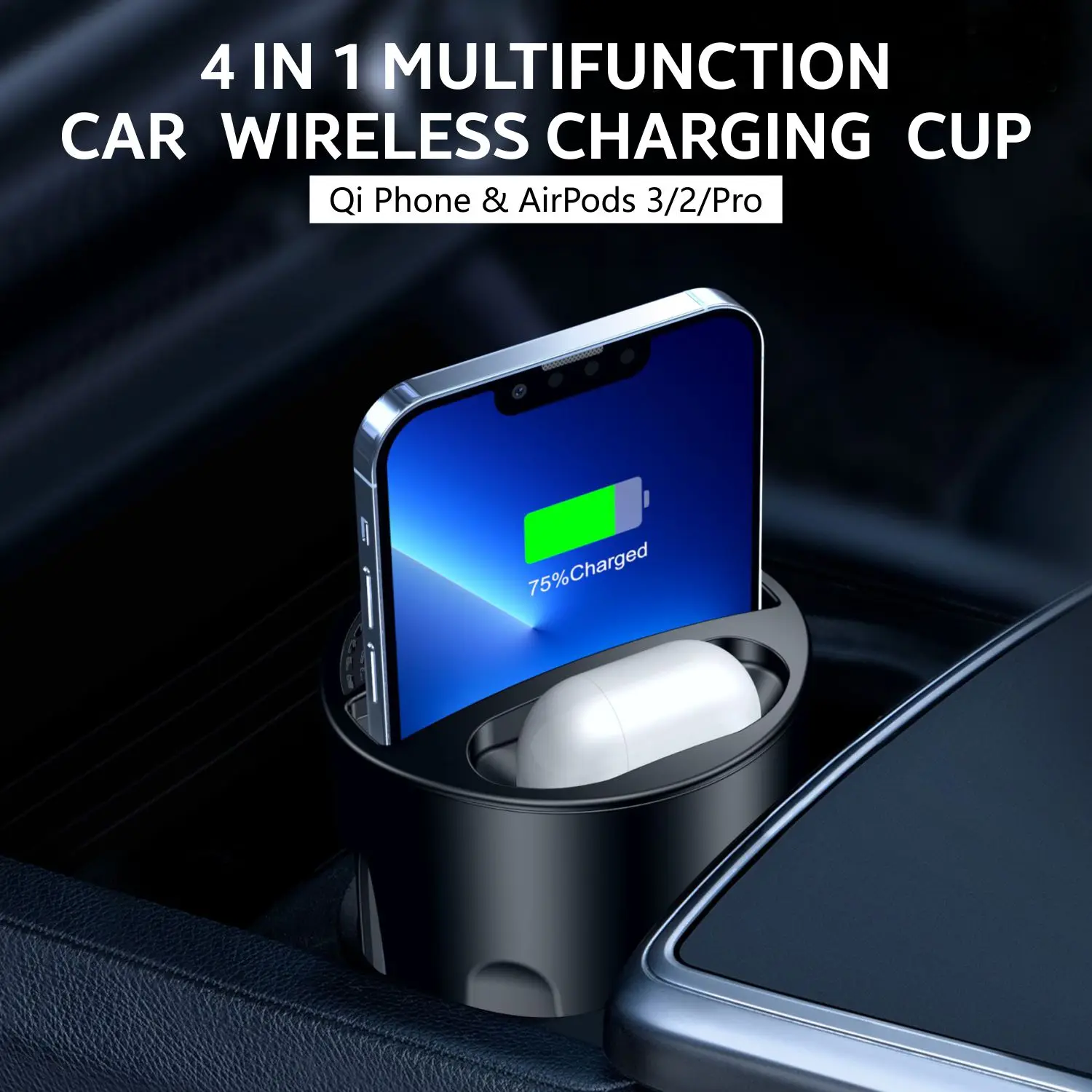 

4-in-1 Universal Wireless Car Charger Cup Holder for iPhone Apple Huawei Samsung - Dashboard Mount Fast Charging Stand