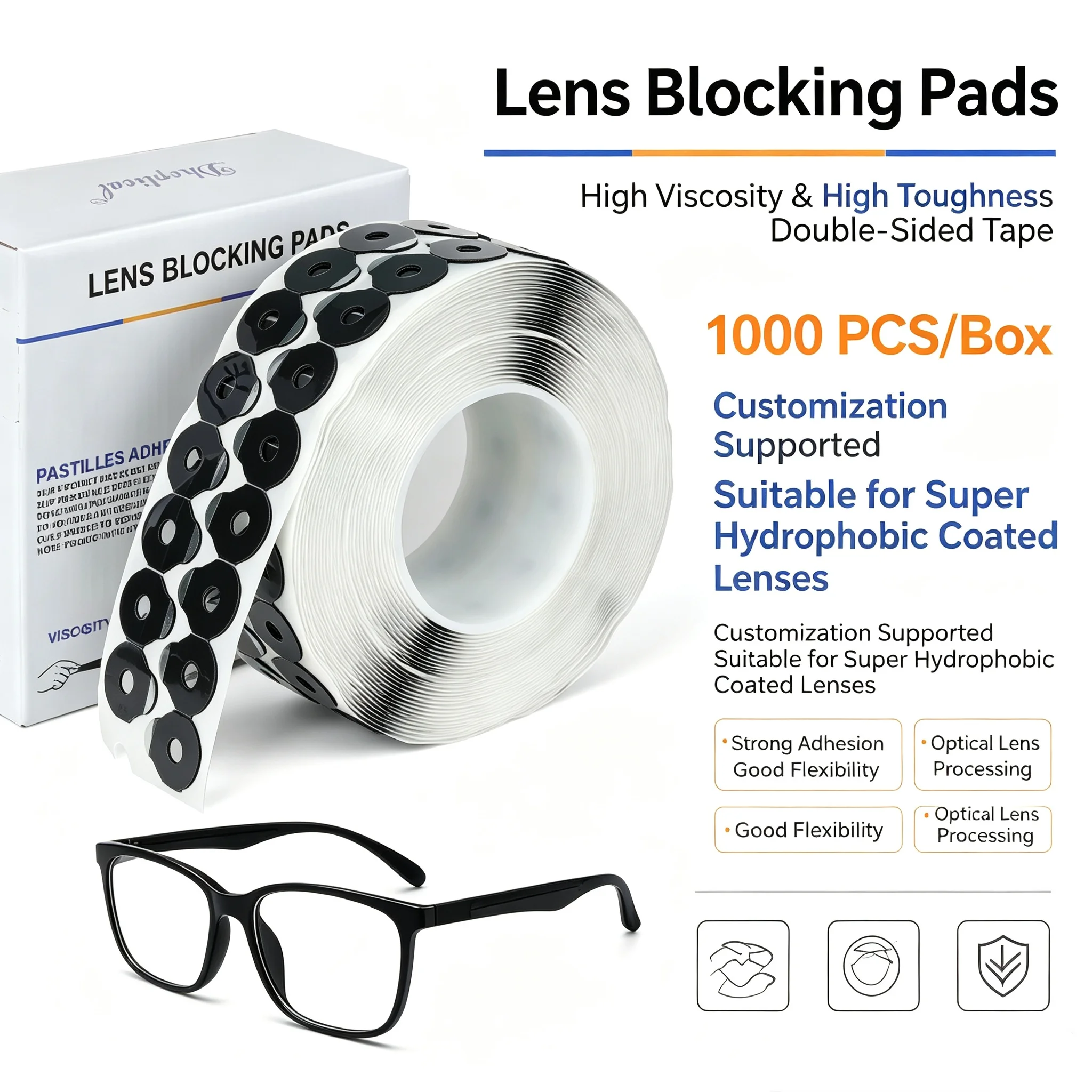 Lens Blocking Pads, High Viscosity & High Toughness, 1000 PCS/Box, Suitable for Super Hydrophobic Coated Lenses