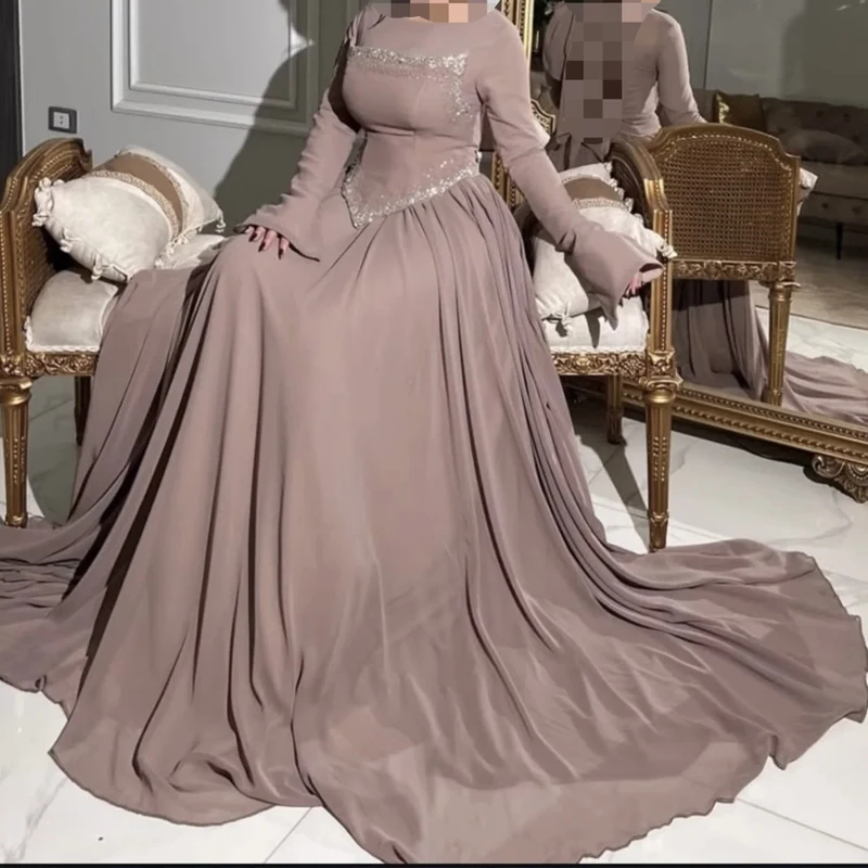 Nahöstliches Casual Langarm-Swingkleid 2026 Formelles Anlass-Kleid Einfarbiges Damen-Robe-Kleid Elegantes Hochgeschnittenes Plissiertes Partykleid