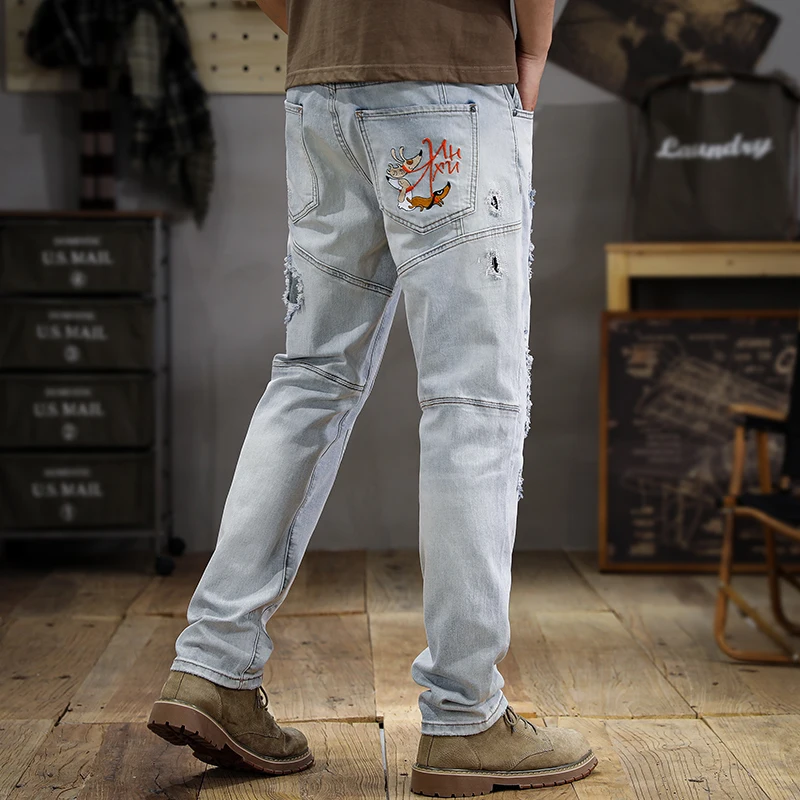 

Summer Washed Wear-White Ripped Jeans Men's Slim Fit Straight Ankle-Tied Vintage Trendy Casual Street Motorcycle Trousers