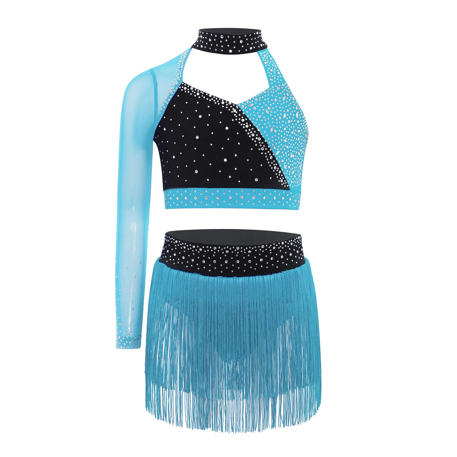 

Kids Girls Latin Jazz Dance Costume Asymmetrical One Shoulder Sheer Mesh Long Sleeve Cutout Back Crop Top with Tassel Skirt