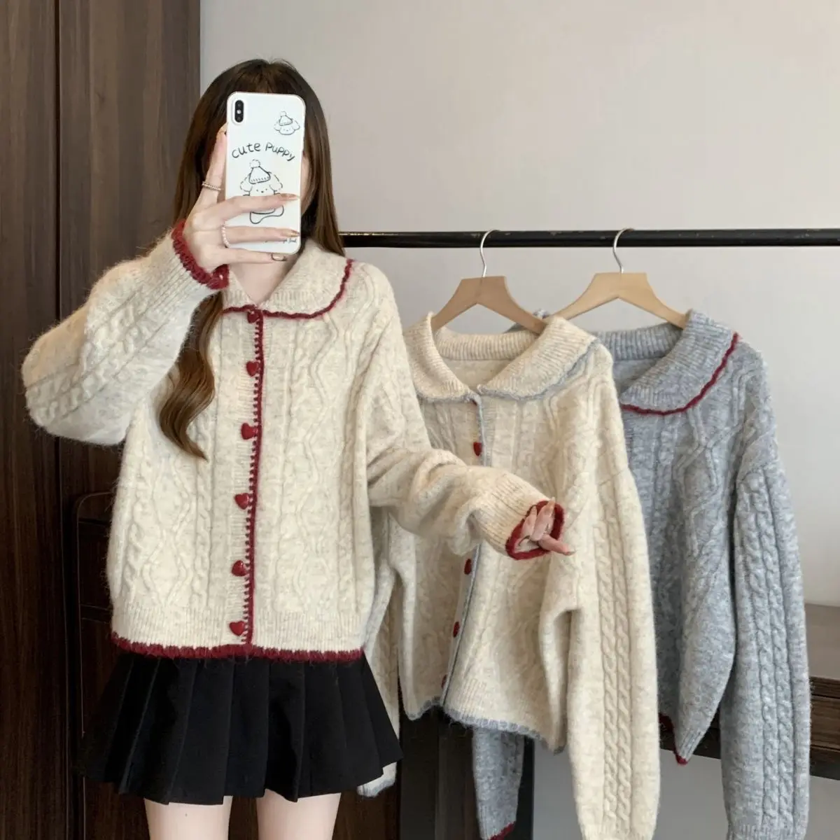 New Autumn Spring Retro Love Buckle Knitt Sweater Women's Outer Wear Lazy Style Doll Collar Twist Sweater Loose Sweater Jacket