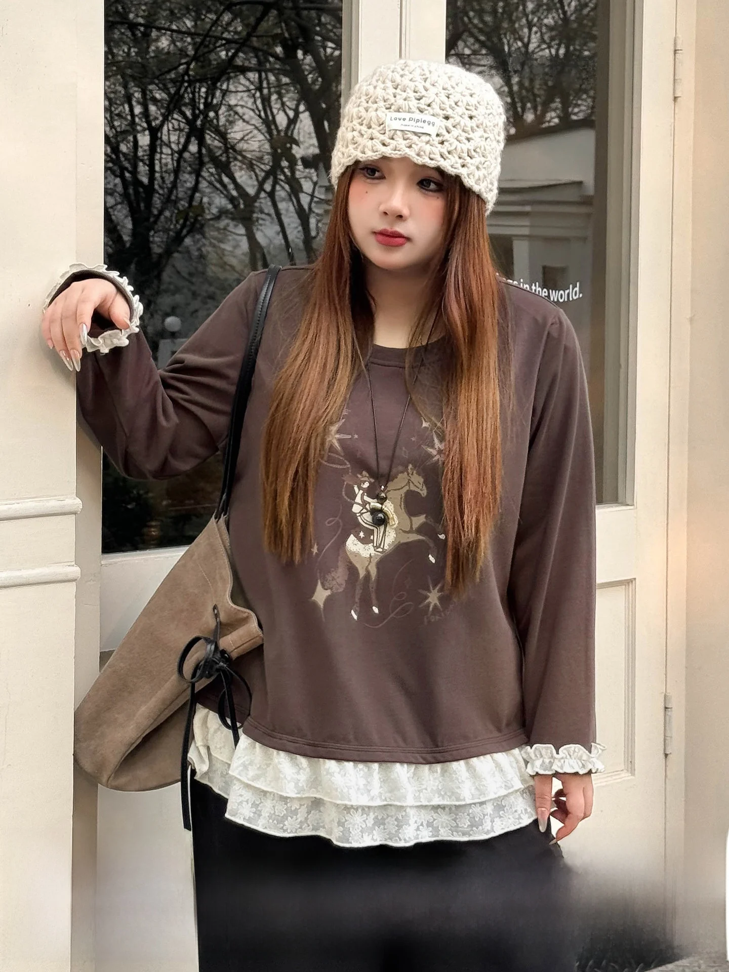 

plus Size Women's T-irt American Retro Sle Long Sve Lace Print Patchwork Cartoon Floral T-irt Spring Season Cot...