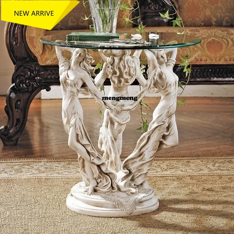 

M138 Outdoor Table Greek Muse Statue Glass Top Side Table, Cast Resin, Antique Stone Finish, 18" wide, 18" deep, 20" high