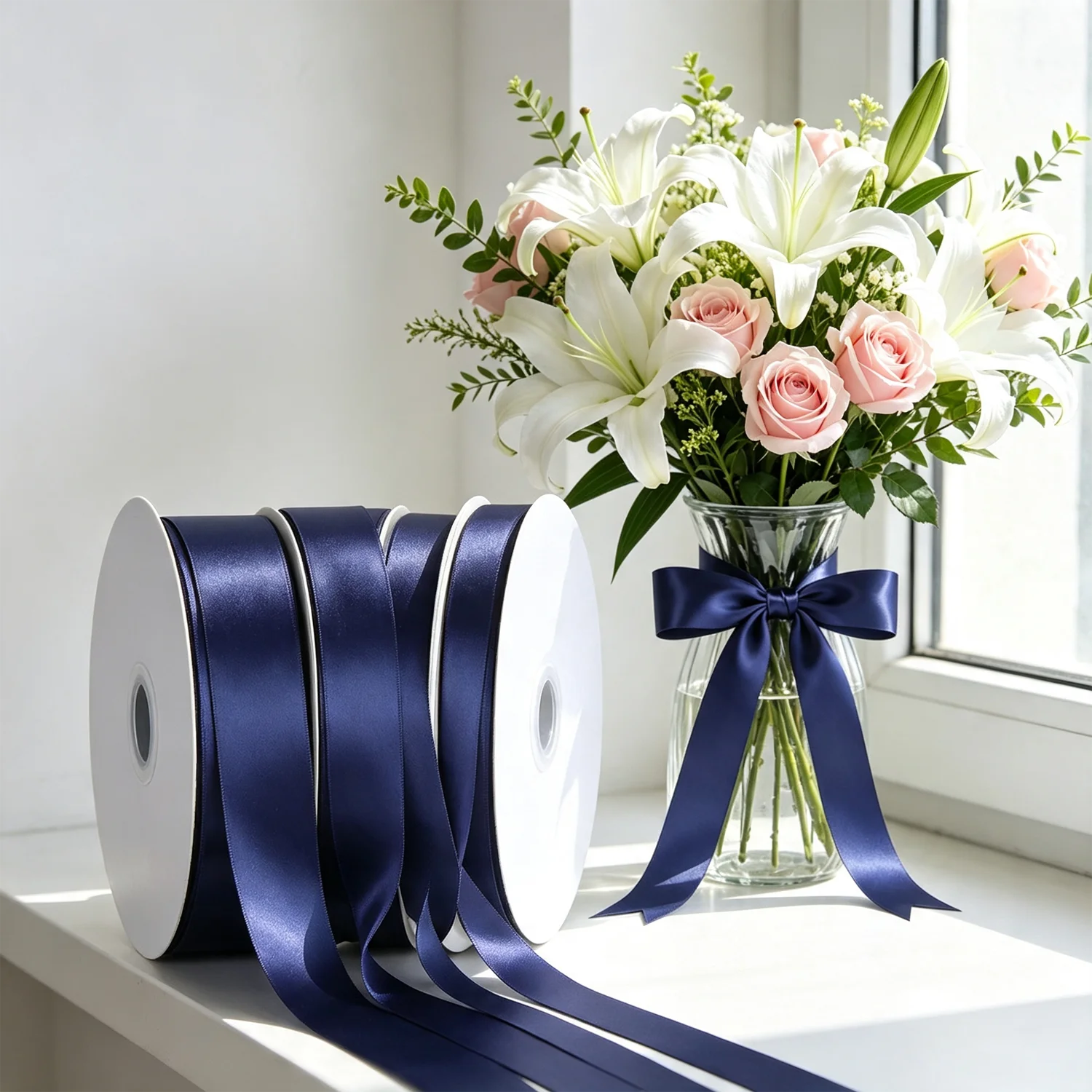 25yds Navy blue Solid Satin Ribbon for Crafts,Graduation Making Bouquet Wrap Wedding Invitation Card Christmas Valentine Decor