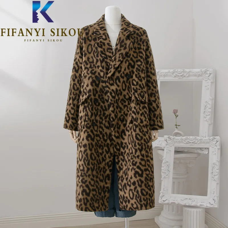 

Leopard Print Woolen Coat Women Double Breasted Lapel Fashion Wool Blend Long Trench Coat Female Autumn Winter Warm Overcoat