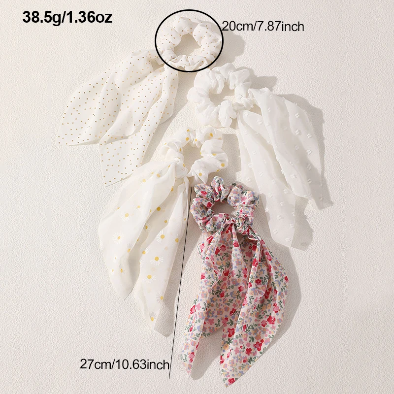 Fotografia 6: Conjunto de 4 Scrunchies Florais Vintage com Fita Fluida – Elástico Macio para Coques Desgrenhados e Penteados Apanhados.