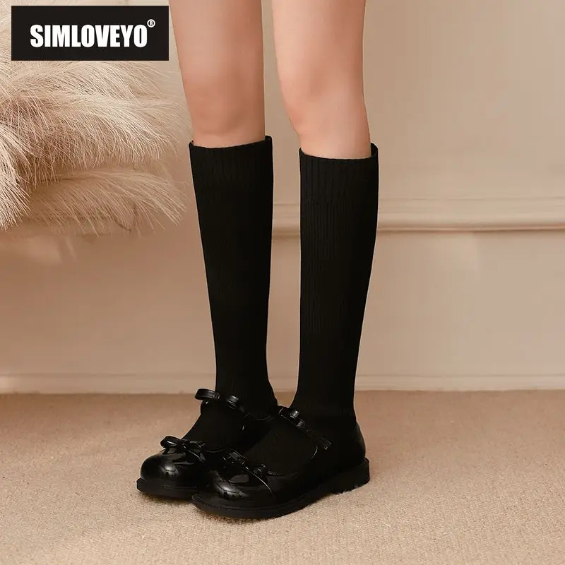 

SIMLOVEYO New Knee High Sock Boots Round Toe Flats Slip On Bowknot Shiny Sweet Daily Bota Small Size 31 32 Winter