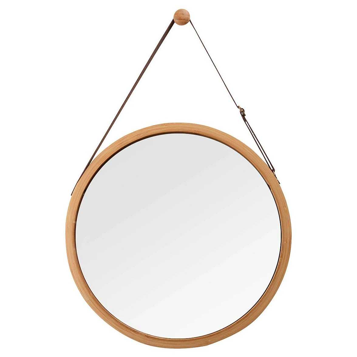 Hanging Round Wall Mirror in Bathroom & Bedroom - Solid Bamboo Frame & Adjustable Leather Strap (Bamboo, 15 Inch)