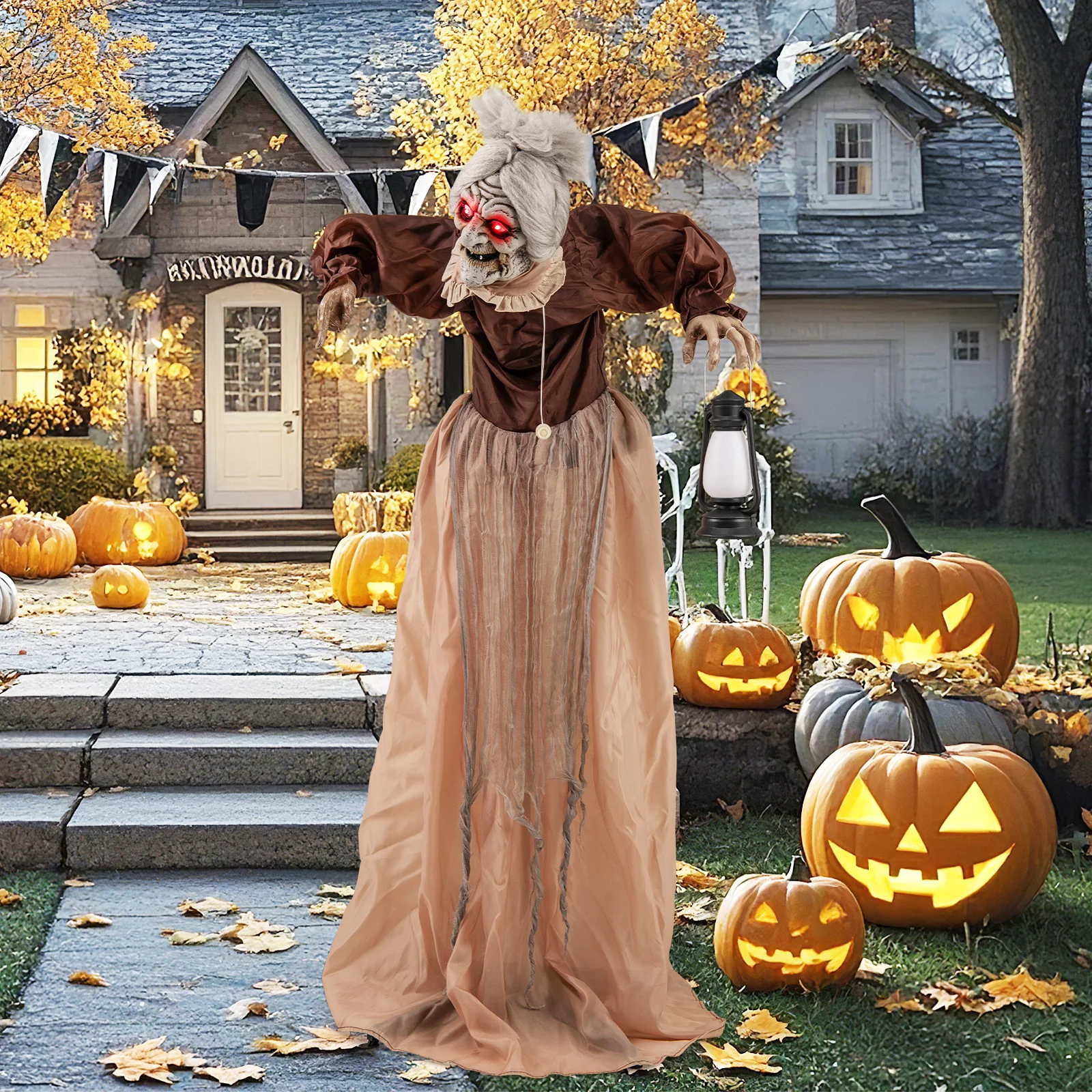 Halloween Animatronic, Talking Zombie Maid in Lantern, Halloween Decorations with Movable Head and Arms, Lights and Sounds 6