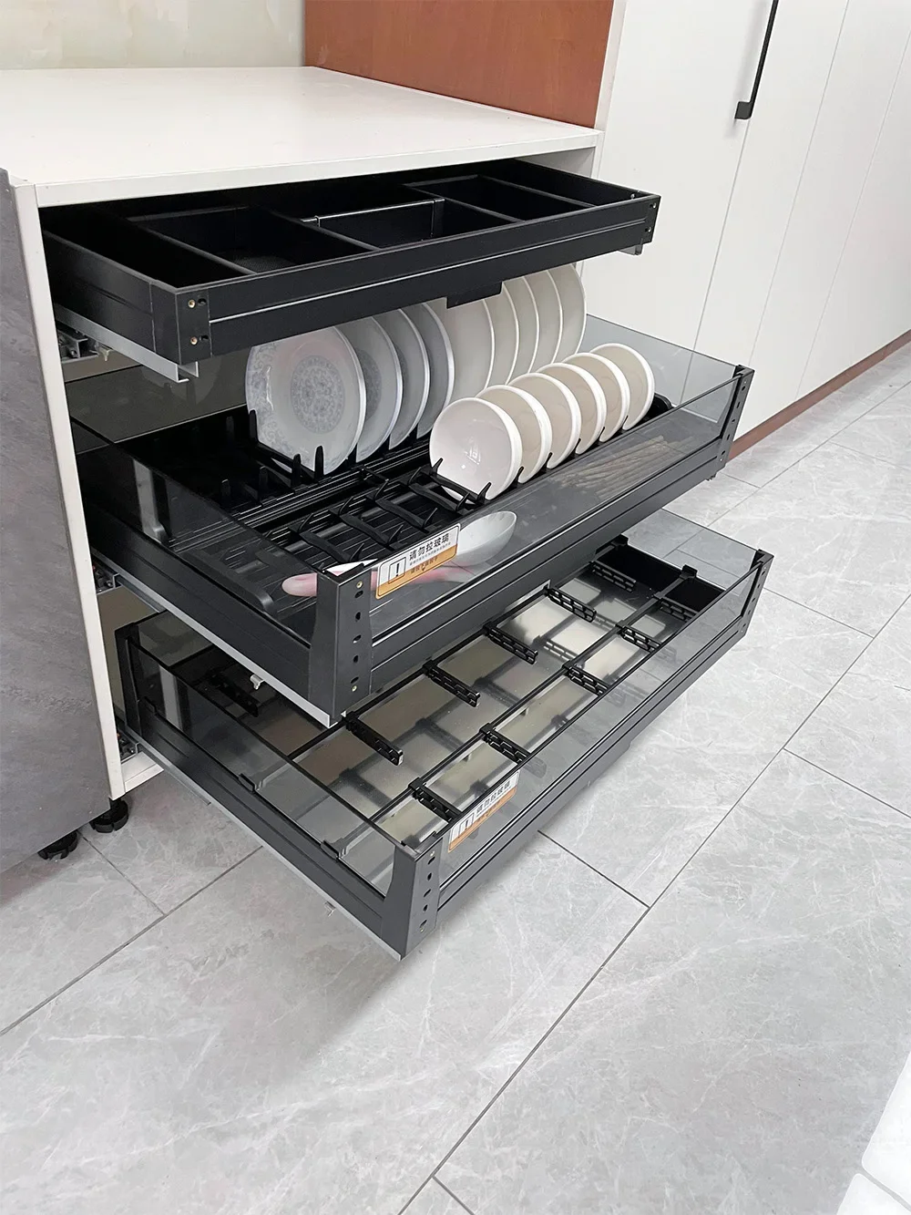 Kitchen: double narrow cabinet, tool seasoning basket, partition storage, fr