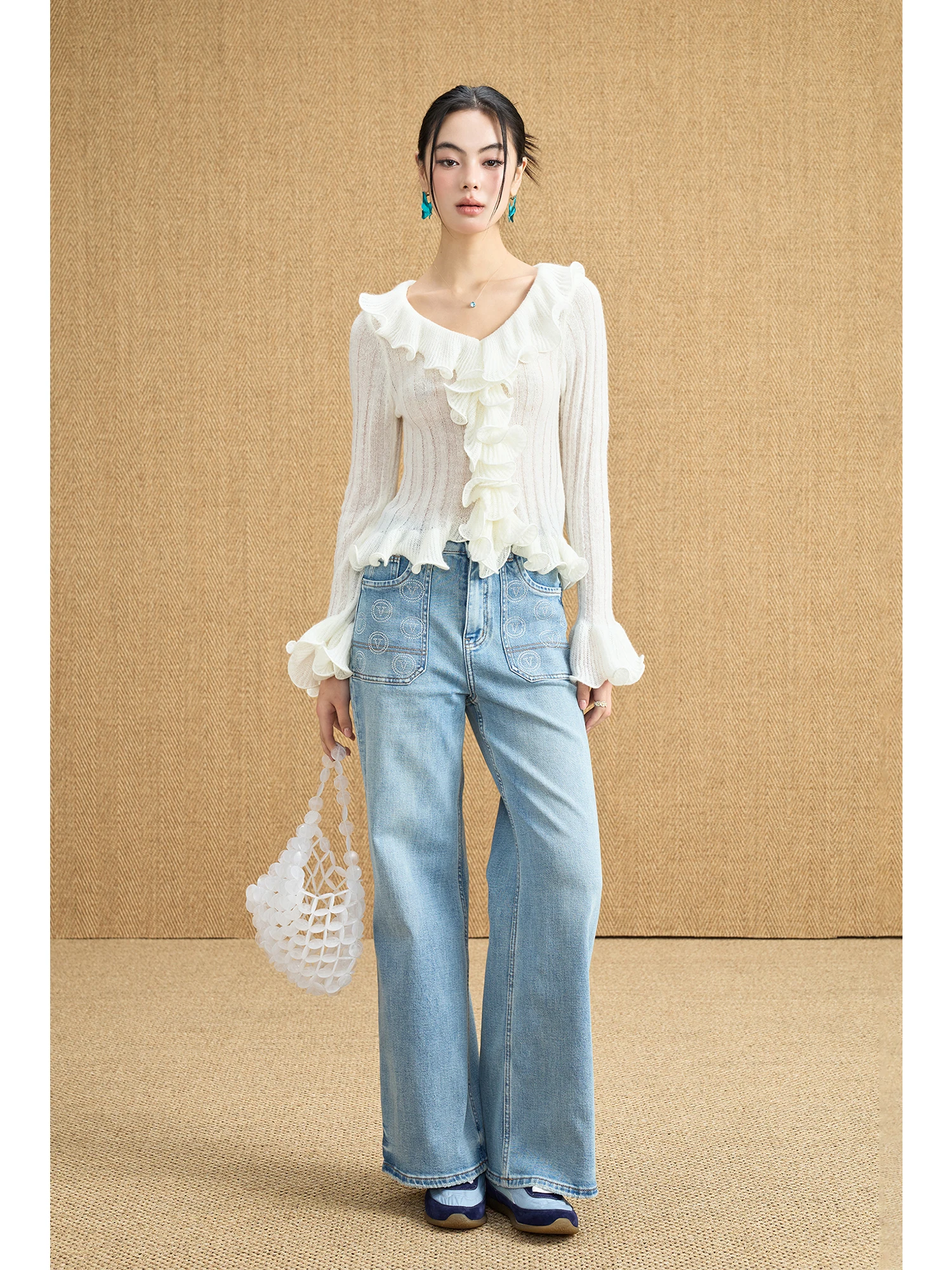 

MIUCO Light Wash Blue Denim High Waist Straight Leg Women's Jeans Glitter Circle Detail Spring Autumn Commute Style