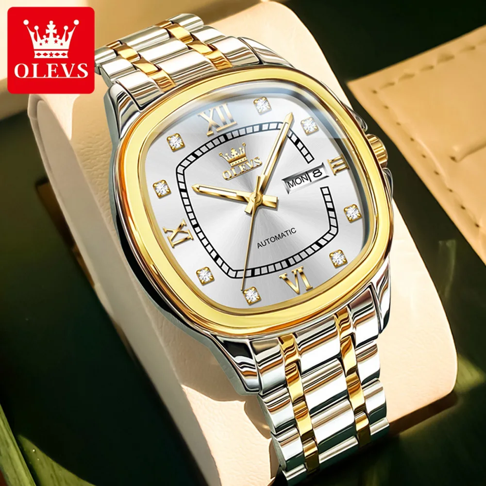OLEVS 9810 ساعات المعصم الميكانيكية الأوتوماتيكية للرجال مربع الهاتفي التقويم مقاوم للماء الماس الهاتفي الفاخرة العلامة التجارية الأصلية رجل ساعة