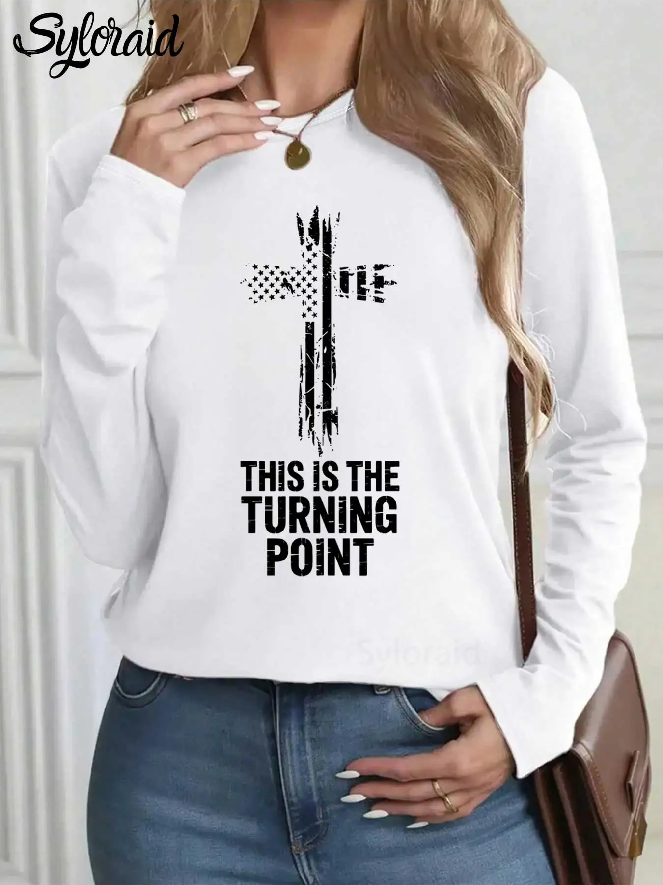 تي شيرت نسائي بأكمام طويلة، هذا هو تي شيرت مطبوع عليه نقطة الدوران، قميص كروس فيث، قميص كاجوال برقبة دائرية