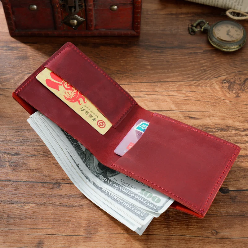 Venta caliente logotipo personalizado estilo Simple hecho a mano de cuero de grano completo conjunto de billetera de regalo Crazy Horse hombre Cartera de cuero de vaca genuino