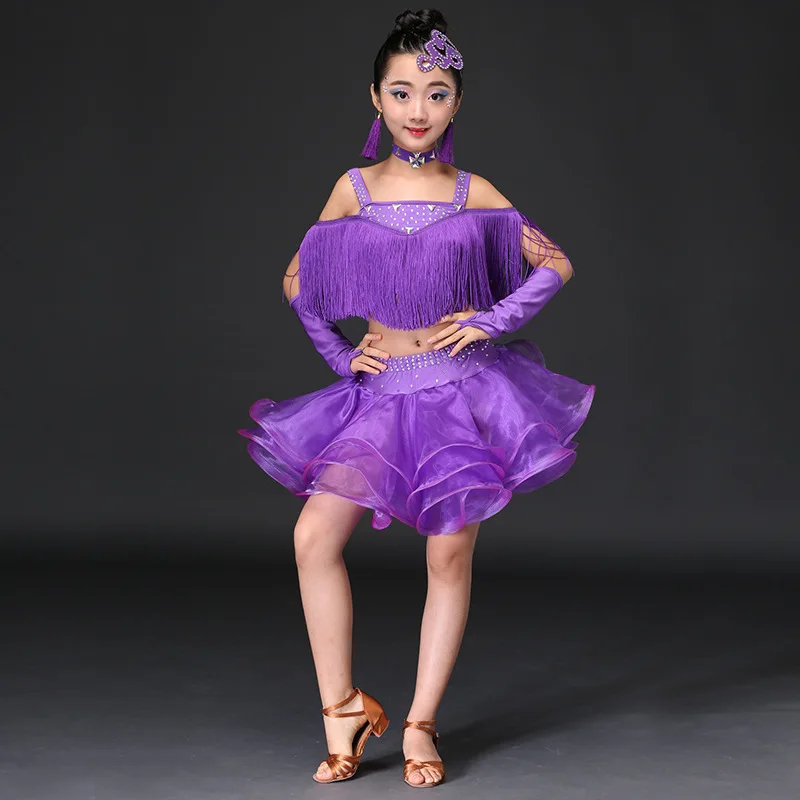 Girls Modern Latin Child Holiday Stage Performance Fancy Skirt Fashion Fringe Children's Latin Dance Clothes Suspender Dancewear