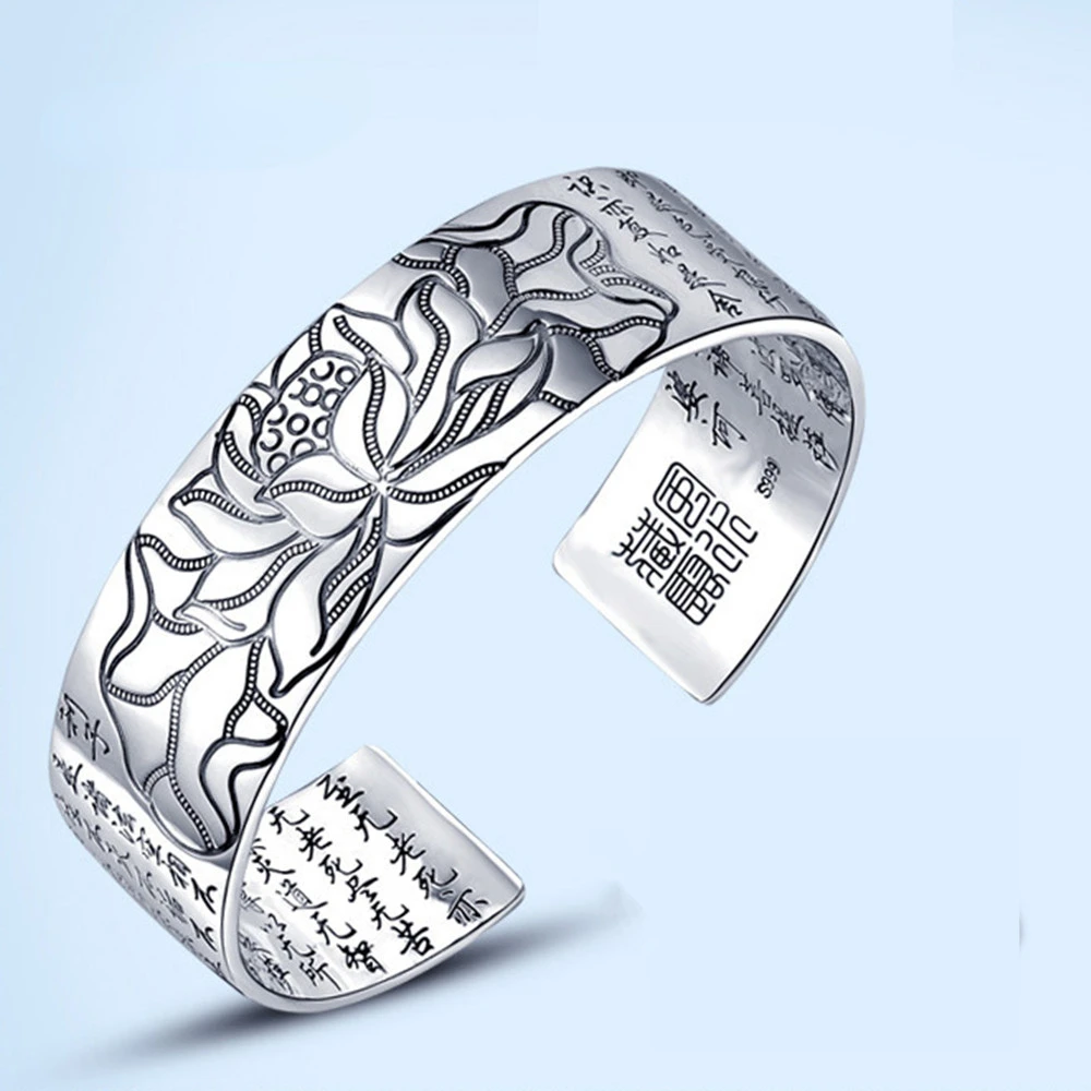 925 Sterling Silver New Women'S Men'S Fashion Jewelry Retro Lotus Carving Buddhist Sutra Blessing Bracelet
