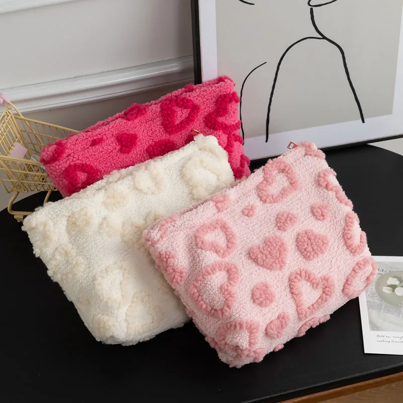 Heart Plush Makeup Bag Cute Fluffy Cosmetic Pouch Portable Travel Toiletry Storage Hand Bag