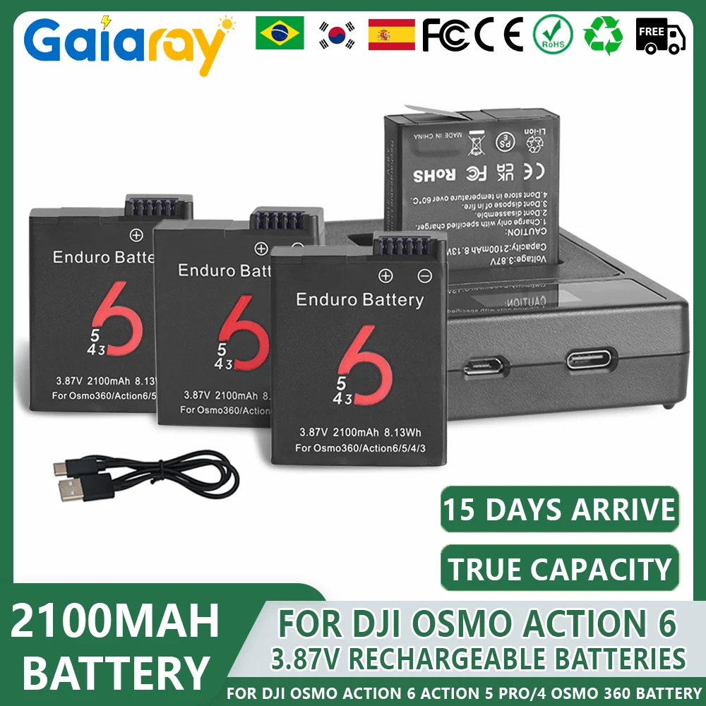 Action Camera Battery Charger Dual Pack - Batterie da 2100mAh per DJI Osmo