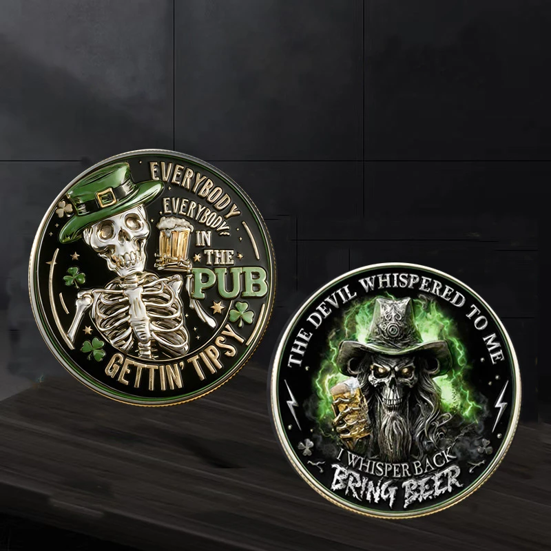 1pc St Patrick Day Skeleton Cheers Commemorative Coin Green Clover Lucky Challenge Coin Holiday Party Gifts for Collection