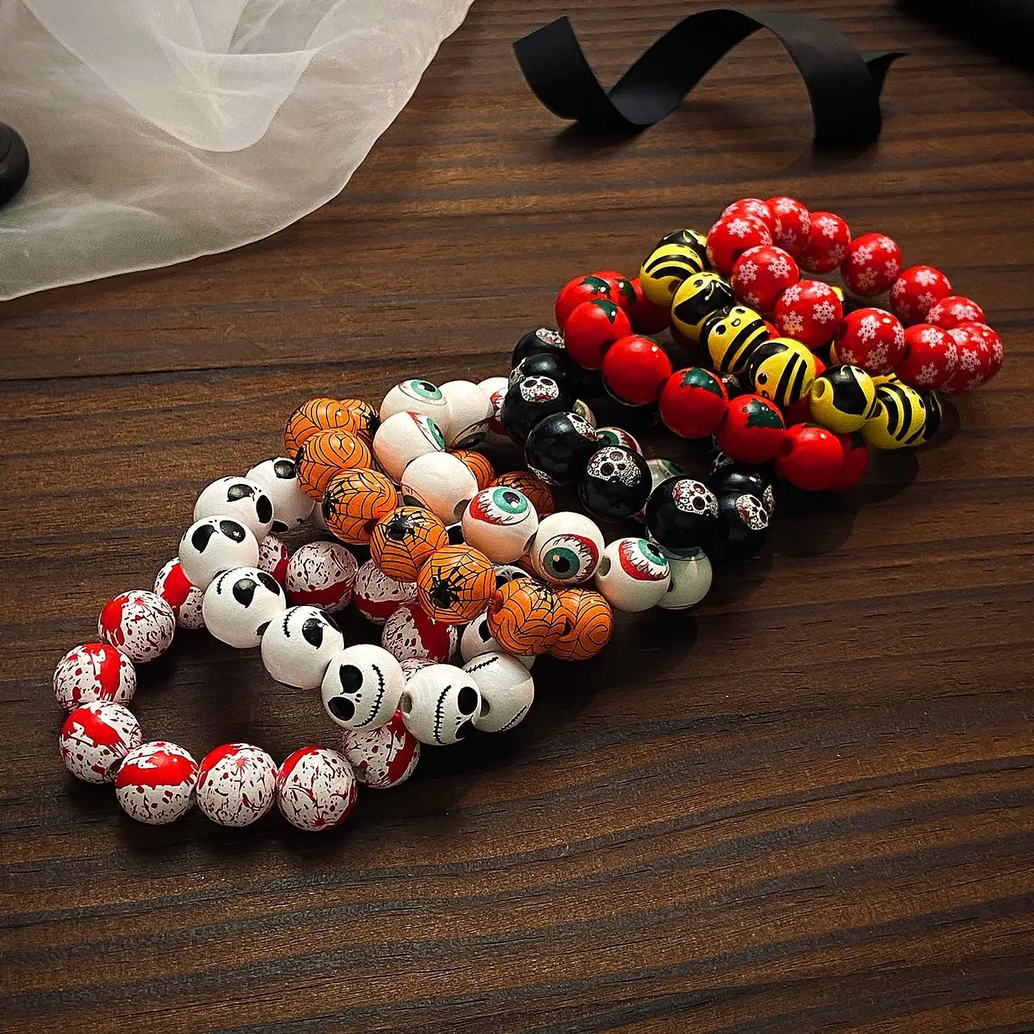 European and American Halloween Wooden Bead Bracelet Personalized Pumpkin Spider Printed Bead Bracelet Men's Women's Accessories