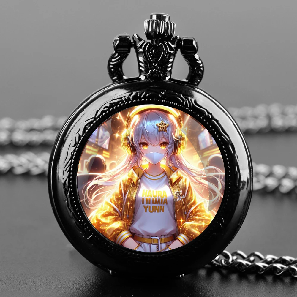 Jam tangan saku Quartz Retro keren Wallpaper grafis Anime untuk pria wanita kalung hitam, Aksesori hadiah jam tangan rantai liontin unik