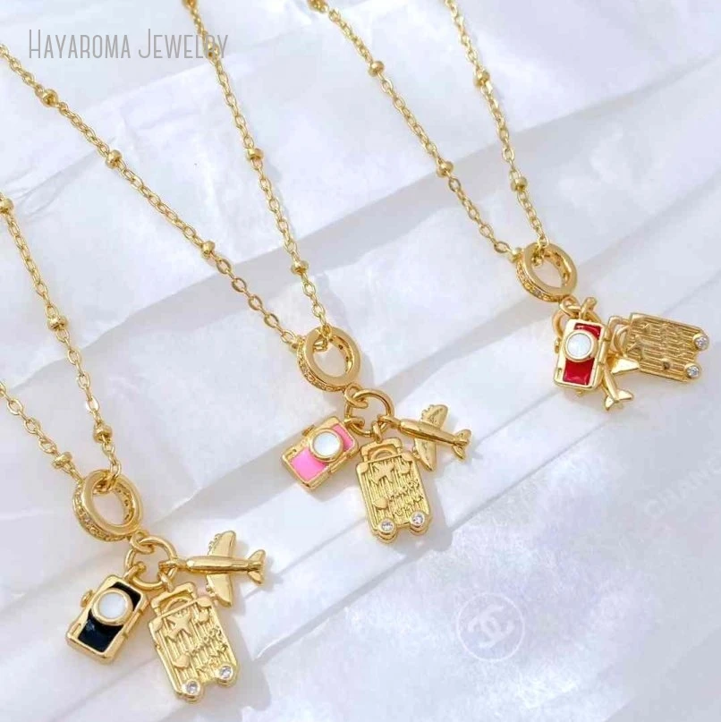 5Pcs Metal Enamel Jewelry Copper Trunk Camera Geometric Airplane Wholesale Gold Color Necklace