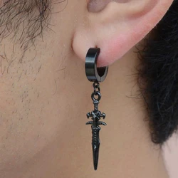 1Pair Stainless Steel Ear Clip Pendant Dangle Earrings for Men Women Punk Sword Cross Black Non Piercing Fake Earrings