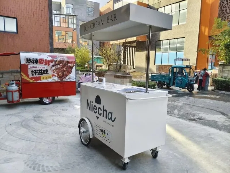 Custom Mobile Ice Cream Vending Cart Small Display showcase Trolley with Cooler Function Customized Trailer Cart for Sale