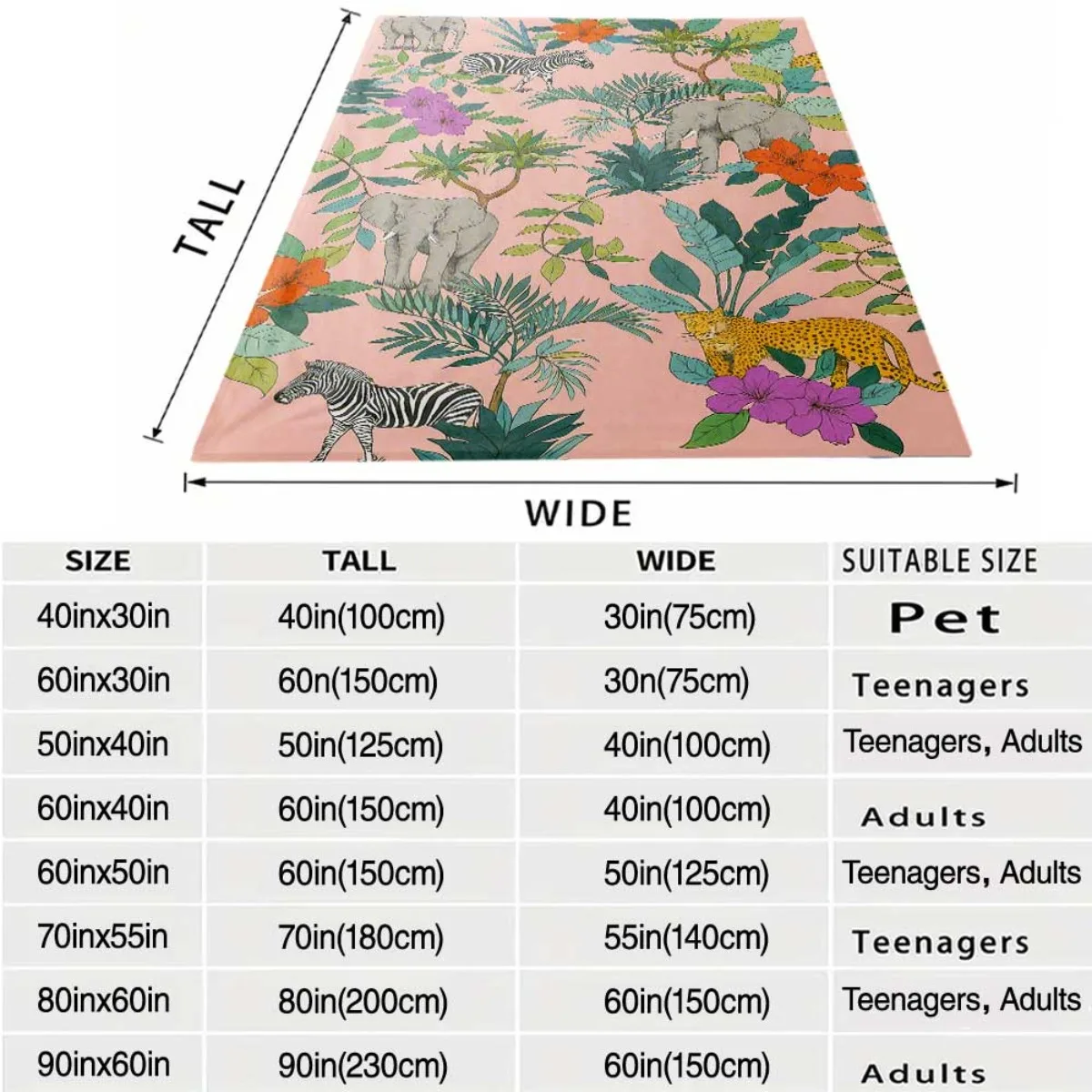 Large Boho Jungle Animal Print Throw Blanket 150x200cm Cozy Zebra Elephant Floral Decorative Living Room Bed Throws