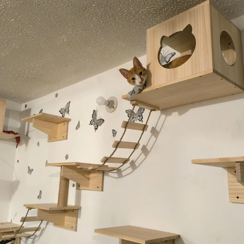 Wall Mounted Cat Climbing Frame Cat Hammock 4 Step Cat Stair Furniture with Sisal Scratching for Sleeping  Playing Resting