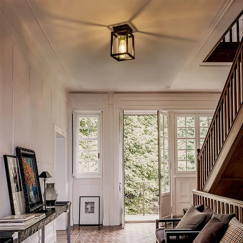 Simple Black Frame Wrought Iron Ceiling Light Country Bedroom Kitchen Study Small Ceiling Light Retro Aisle Corridor Glass Light
