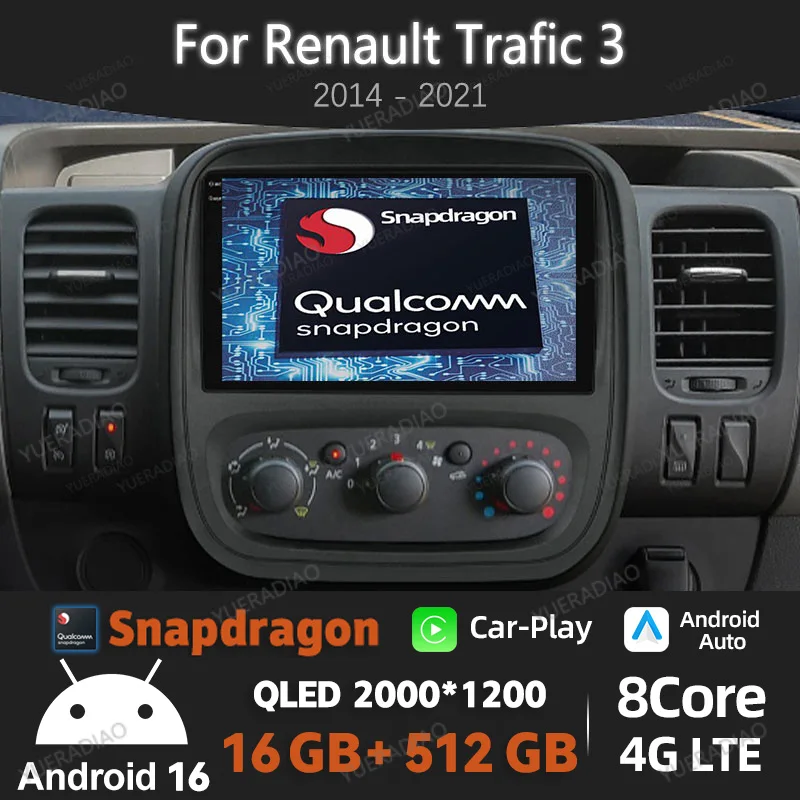 Rádio Automotivo Android 16 para Renault Trafic 3 2014 - 2021 Unidade Principal 2DIN BT 4G LTE 5G WIFI Multimídia Estéreo Reprodutor de Vídeo GPS NAVI