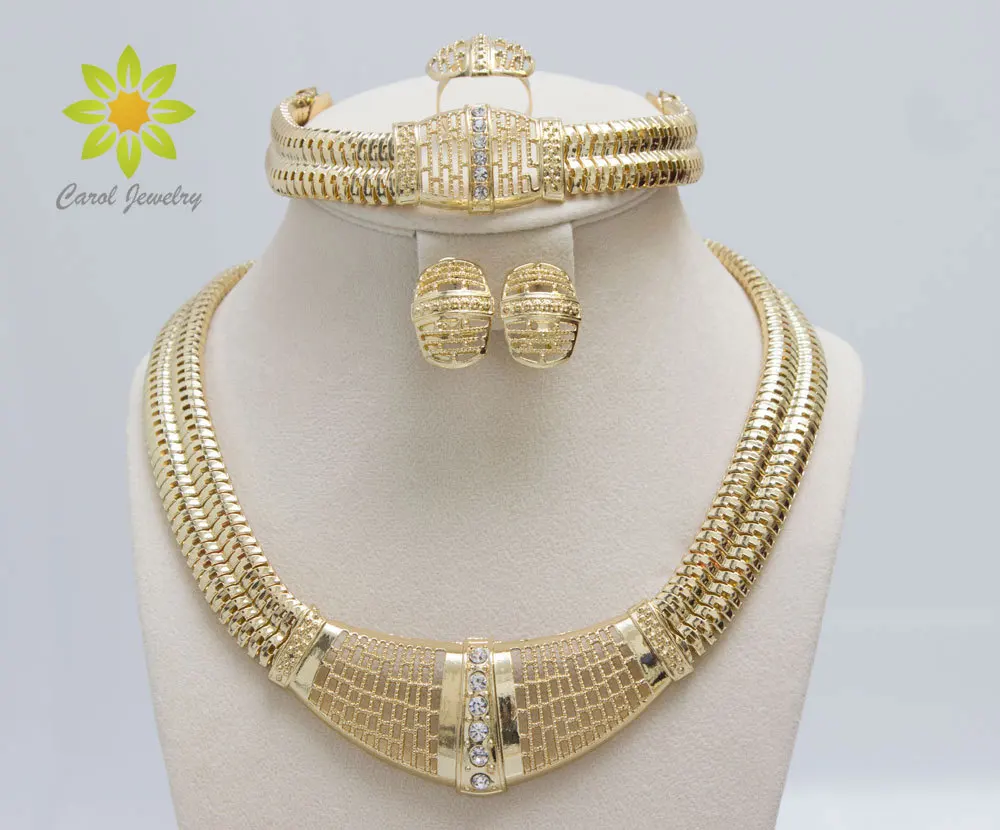 Free Shipping Gold Color Dubai African White Crystal Necklace Bracelet Earring Ring Wedding/Bride Jewelry Set