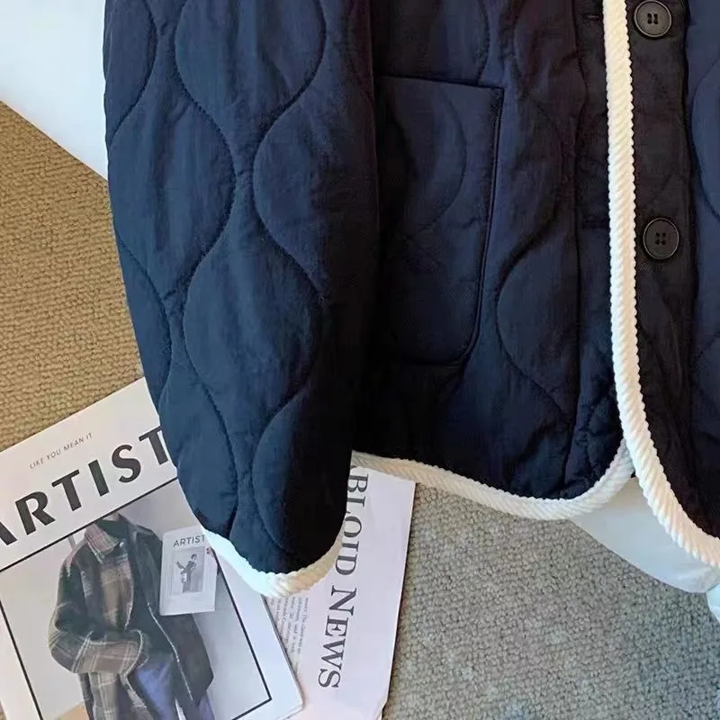 Women's Color Blocking Turn-down Collar Little Bear Embroidery Cotton Coat New Loose Short Jacket Warm Quilted Winter Coat Parka