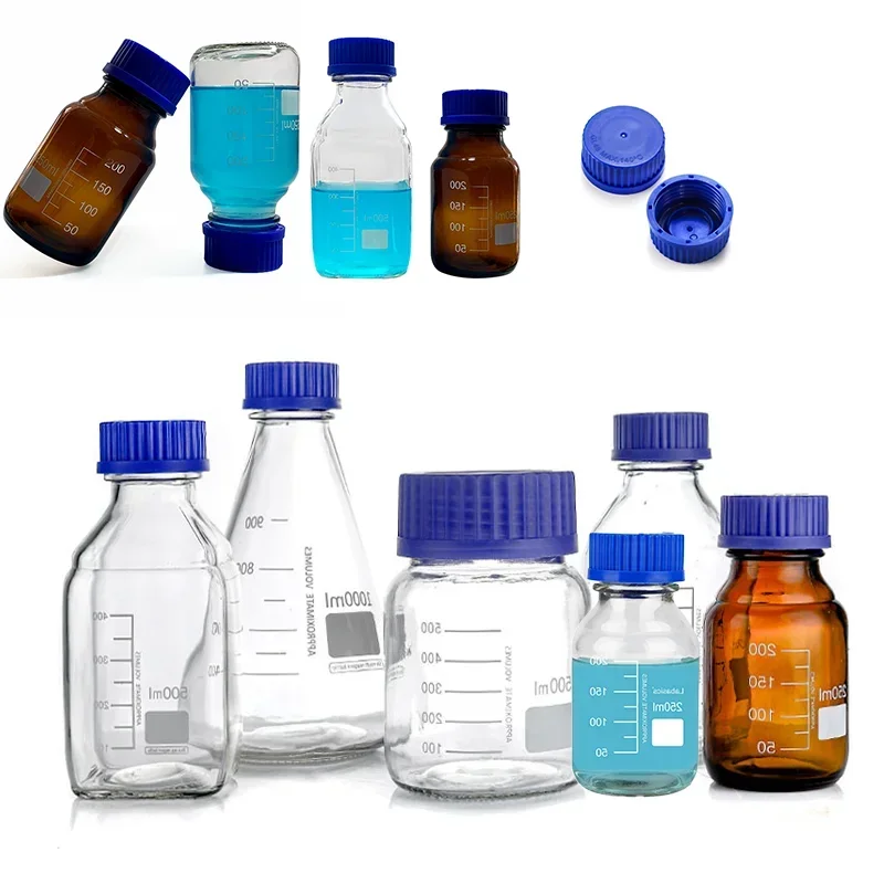 25ml-1000ml Empty Non-High Borosilicon Glass Media Storage Bottles with Blue GL45 Screw Caps for Lab Mixtures Reagent Liquids