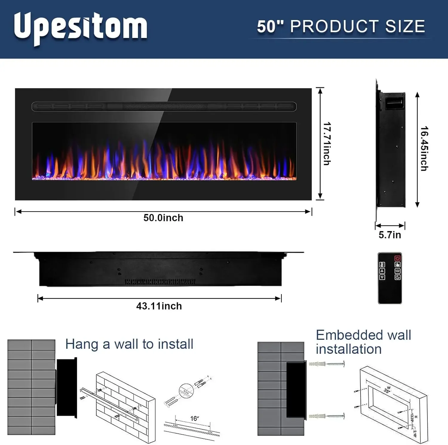 50-calowy elektryczny ogrzewacz kominkowy do montażu na ścianie, pilot zdalnego sterowania