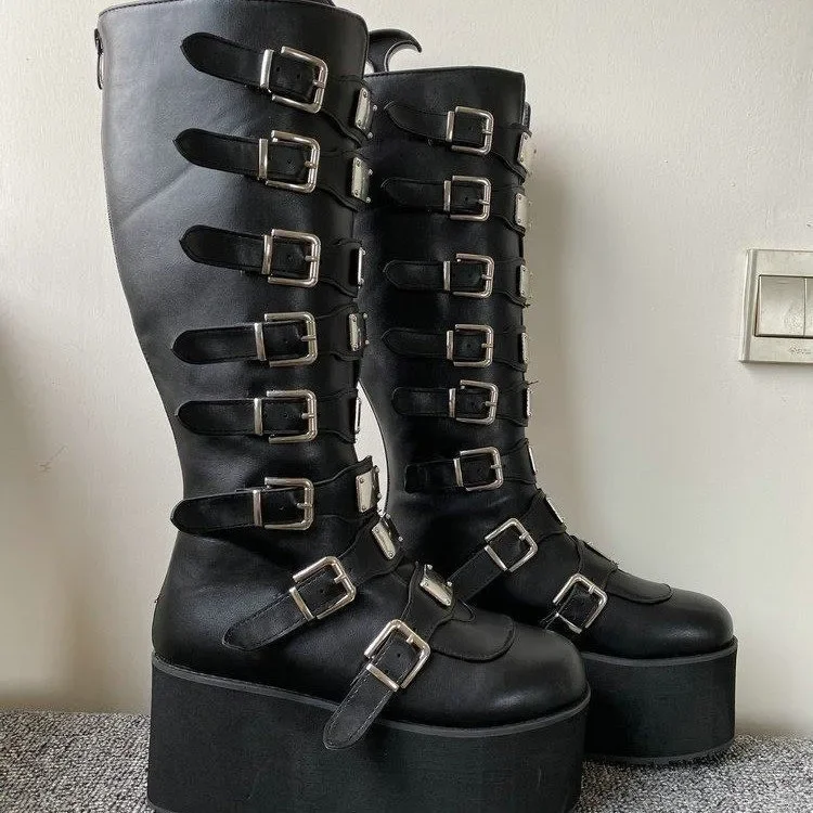 Frauen Stiefel Cosplay Damen High Heel Plattform Keile Frauen Hohe Stiefel Gothic Schnalle Lange Röhre Leder Weibliche Stiefel Plus Si – Detail 18