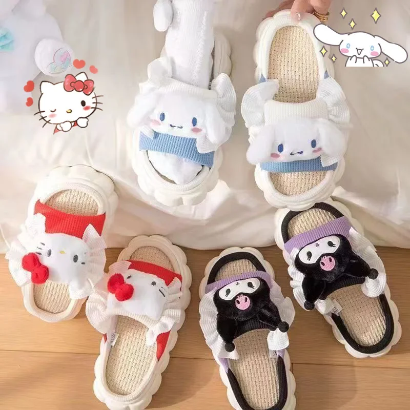 Sanrioed Cute Hello Kittys Slipper Antislip Flax Comfort Kuromi Cinnamoroll Outdoor Indoor Slides Thick Sole Shoes Cartoon Sweet