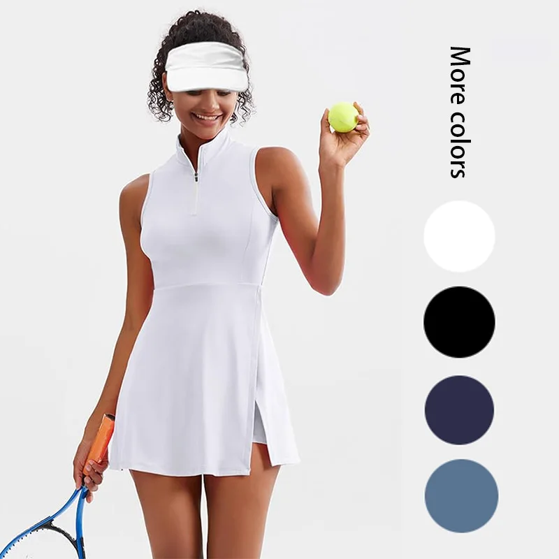 Summer Solstice Women\'s Tennis Dress,Fashion 2-in-1 Tennis Golf Sports Dress,Polo Collar Design Women\'s Fitness Dress sleeveless