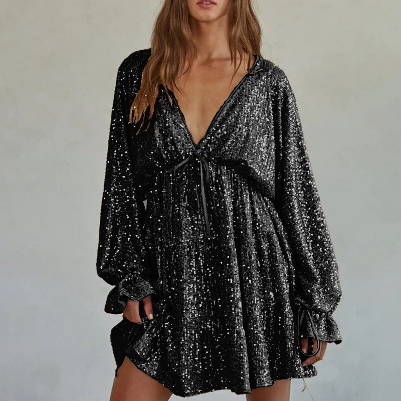 Sexy Deep V High Waist Short Dress Autumn Solid Color Loose Long Sleeved Party Dress Elegant Sequin Pleated Short Dress Vestidos