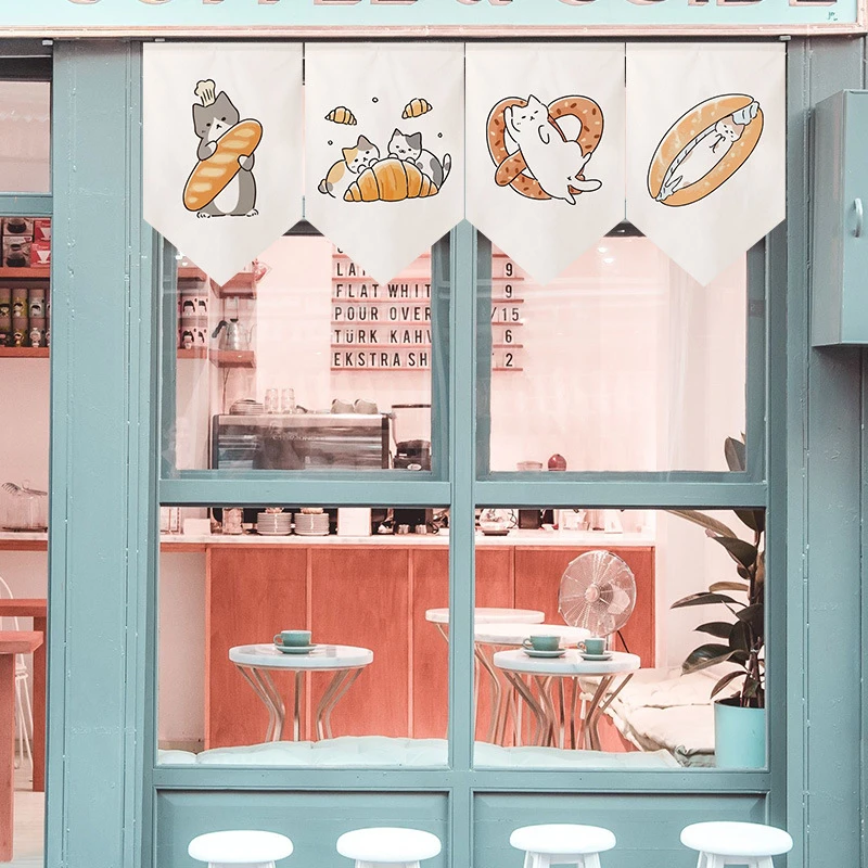 VIKAMA Korean Cartoon Cat Bread Triangle Flag Door Curtain Fun Partition Hanging Curtain Kitchen Bedroom Home Decoration