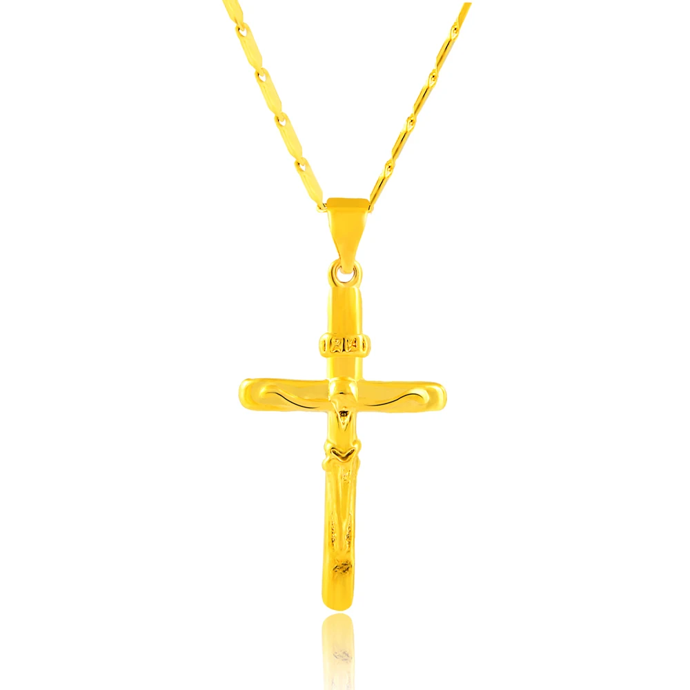 High Quality Pure Gold Color Cross Charm Pendant Necklaces For Women Men 24K Yellow Gold Filled Necklaces Wedding Jewelry Gifts