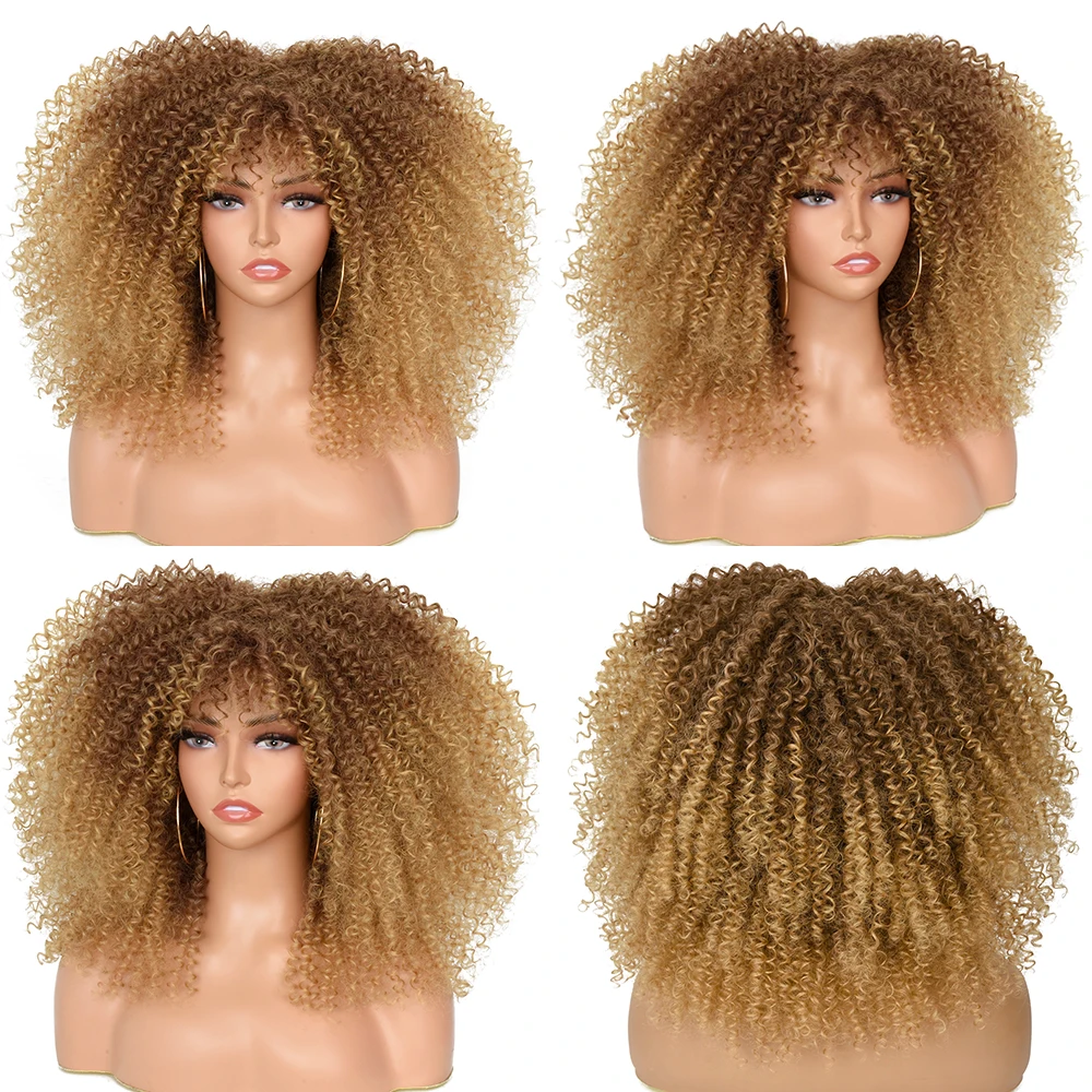 ผมสั้น Afro Kinky Curly Wigs กับ Bangs สำหรับผู้หญิงสีดำธรรมชาติสังเคราะห์ Ombre Glueless สีบลอนด์สีชมพูสีแดงคอสเพลย...