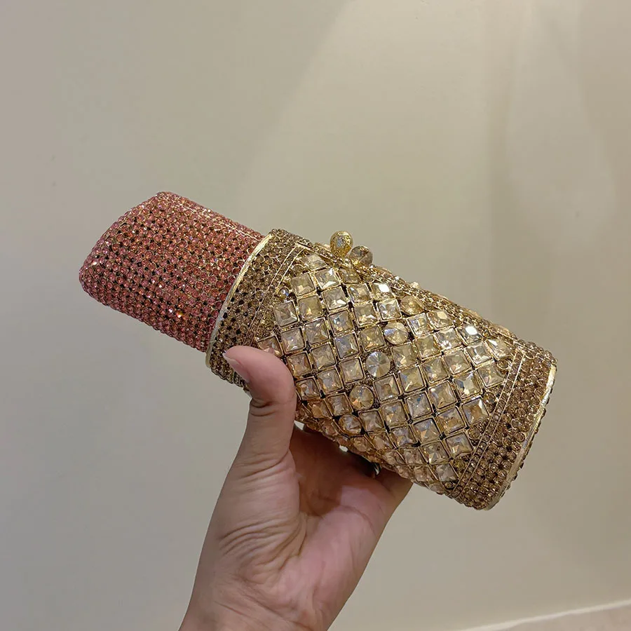Lipstick diamond dinner bag light luxury metal hard box diamond bag foreign trade banquet dress bag