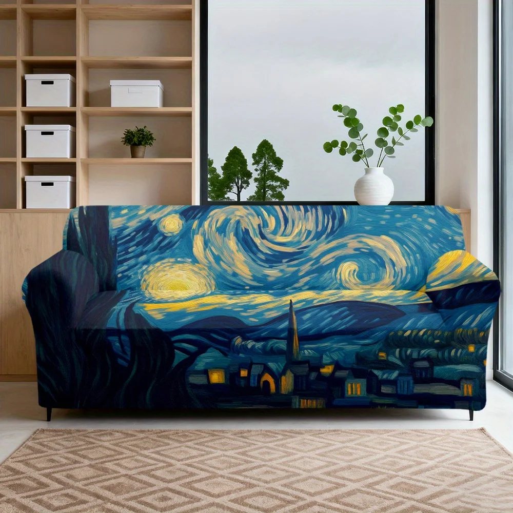 1pc Impressionist Starry Night Oil Painting Print Stretch Sofa Cover, Removable Washable Furniture Protector for Living Room