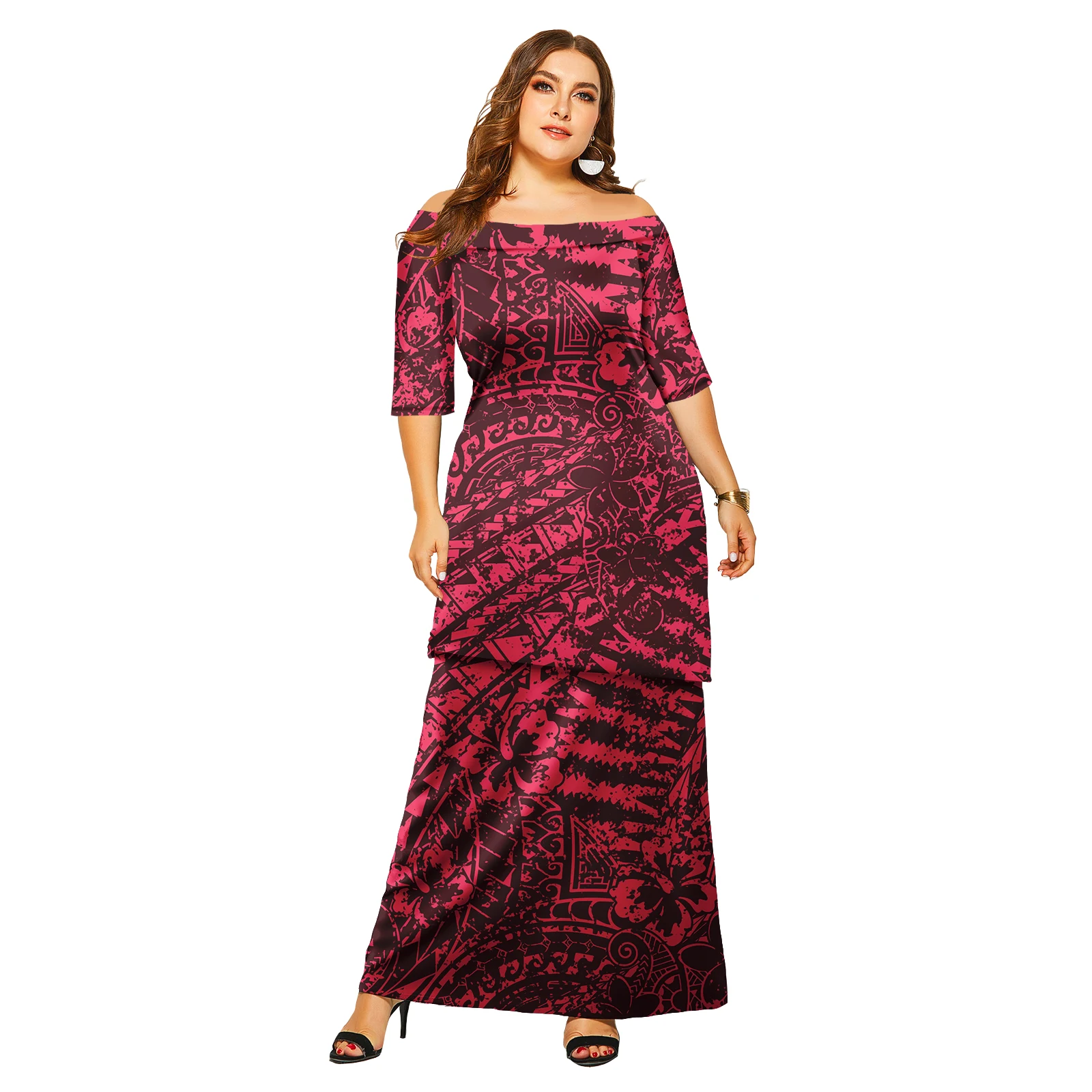 Women's two-piece custom Samoan Puletasi off-the-shoulder coat and long skirt are suitable for Polynesian clothing