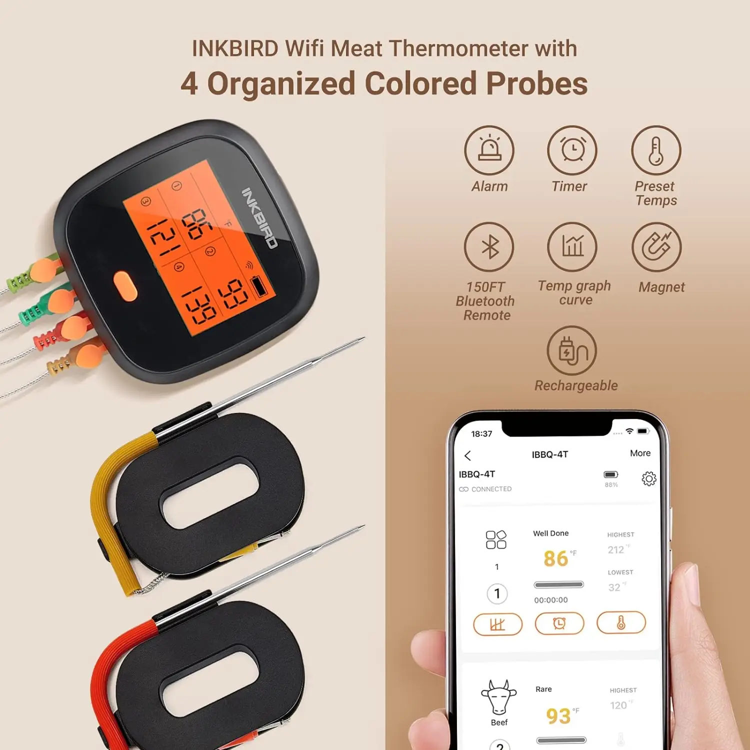 INKBIRD WiFi Meat Thermometer with 4 Colored Organized Probes Smart Digital Rechargeable Food Thermometer for Smoking BBQ